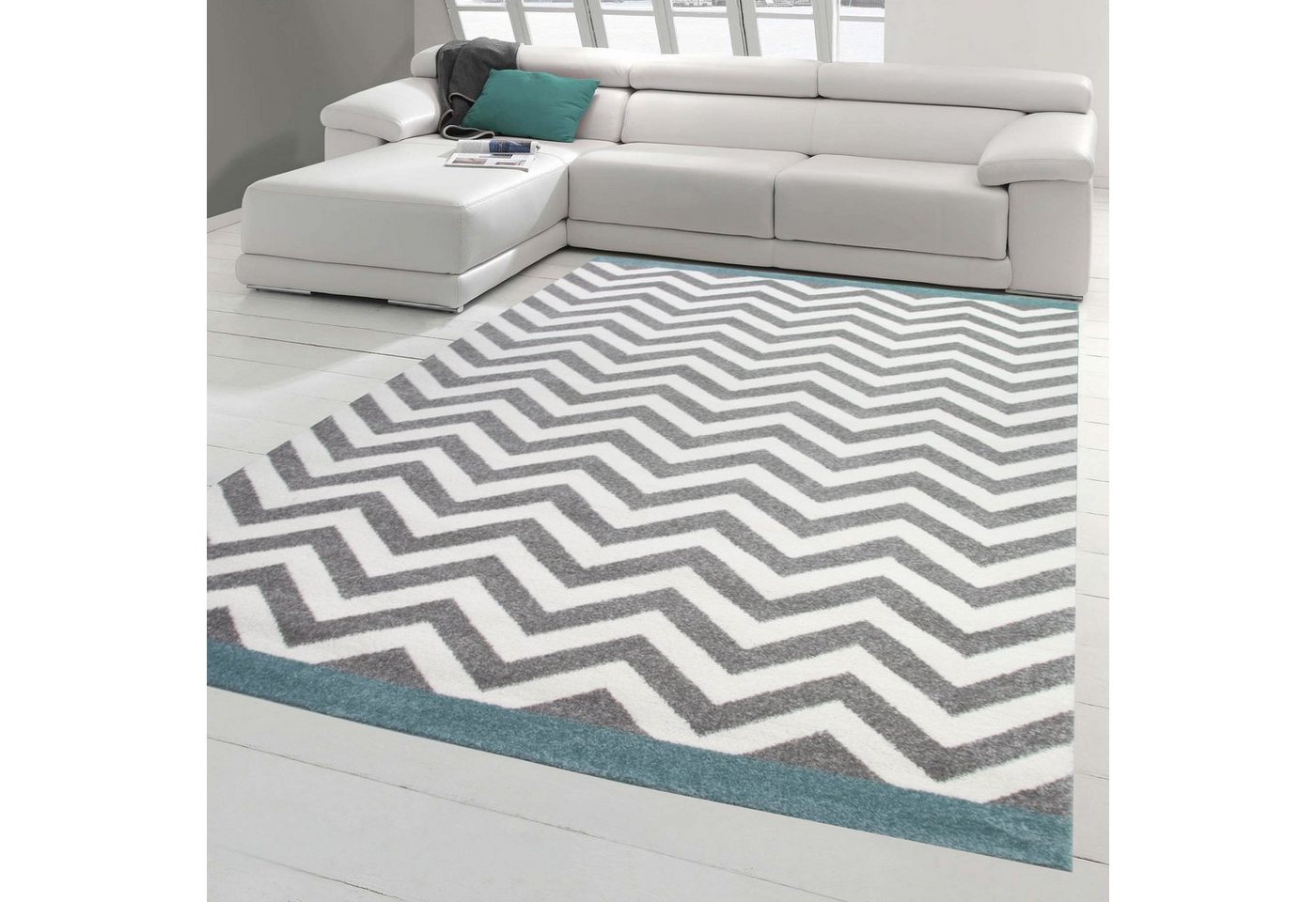 Teppich Wohnzimmer Teppich Skandinavisches Design in Türkis Creme Grau, Teppich-Traum, rechteckig, Höhe: 0.9 mm von Teppich-Traum