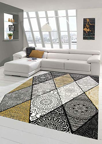Teppich modern Teppich Wohnzimmer Rauten mit Ornamenten in grau senfgelb Creme Größe 120x170 cm von Teppich-Traum
