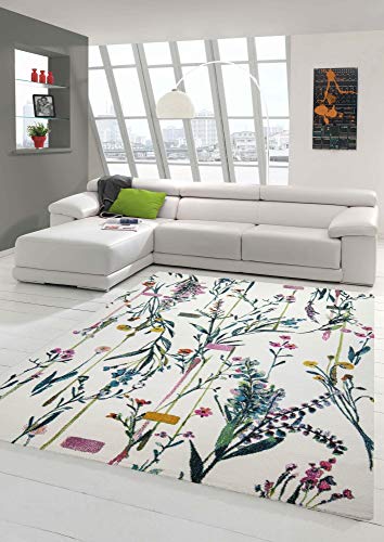 Teppich modern Wohnzimmerteppich Bunte Blumenwiese in Creme grün rosa Größe 120x170 cm von Teppich-Traum