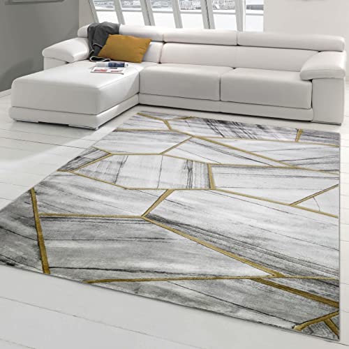 Teppich-Traum moderner Schlafzimmerteppich mit geometrischem Muster in grau Gold, Größe 160x230 cm von Teppich-Traum