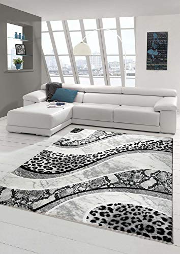 Teppich modern Wohnzimmerteppich mit Leoparden Muster in grau schwarz Creme Größe 80 x 300 cm von Teppich-Traum