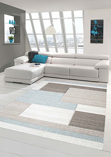 Traum Designerteppich Moderner Wohnzimmerteppich Kurzflor Mit Konturenschnitt Karo Muster Pastellfarben Grau Beige Blau, Größe 200x290 cm von Teppich-Traum