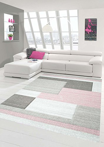 Traum Teppich Designerteppich Moderner Teppich Wohnzimmerteppich Kurzflor Teppich mit Konturenschnitt Karo Muster Pastellfarben Rosa Beige, Größe 200x290 cm von Teppich-Traum