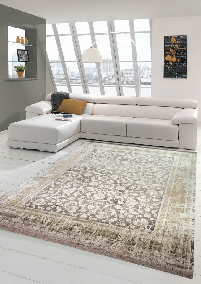Wollteppich Wollteppich Teppich mit floralem Design Wohnzimmer Teppich Orient aus Naturfasern in beige, Teppich-Traum, rechteckig, Höhe: 7 mm, Wollteppich von Teppich-Traum
