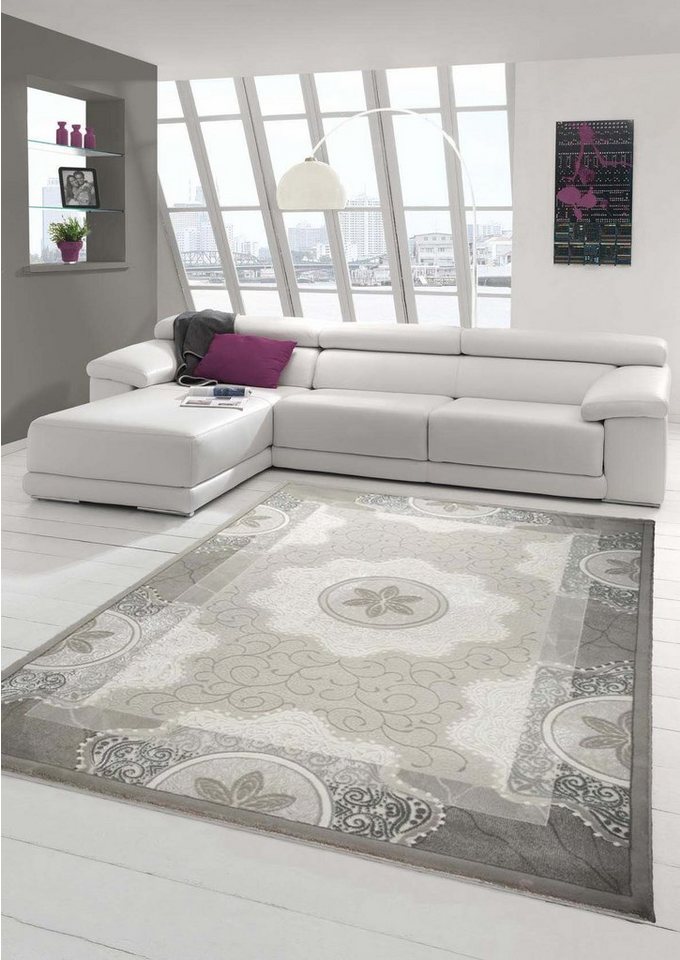 Wollteppich Teppich mit Glitzergarn Wollteppich mit Kreise und Blumen in Grau, Teppich-Traum, rechteckig, Höhe: 14 mm, Wollteppich von Teppich-Traum