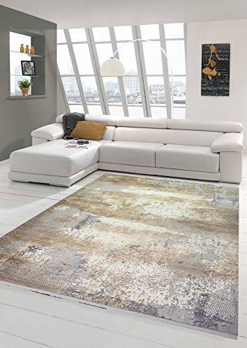 Wollteppich Designerteppich Teppich abstrakt aus Naturfasern in beige grau Creme Größe 160x230 cm von Teppich-Traum