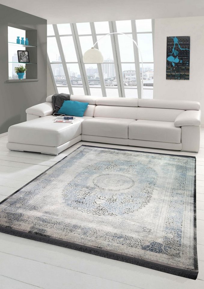 Wollteppich Wollteppich hochwertiger Teppich klassisch mit Ornamenten aus Naturfasern in grau, Teppich-Traum, rechteckig, Höhe: 7 mm, Wollteppich von Teppich-Traum
