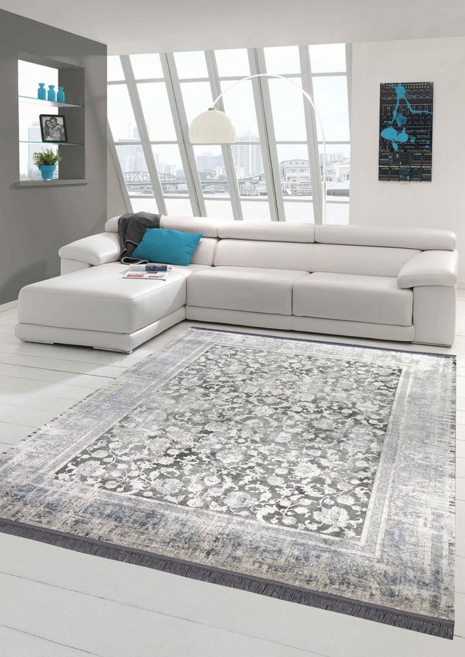 Wollteppich Wollteppich hochwertiger Teppich mit Ornamenten aus Naturfasern in grau, Teppich-Traum, rechteckig, Höhe: 7 mm, Wollteppich von Teppich-Traum