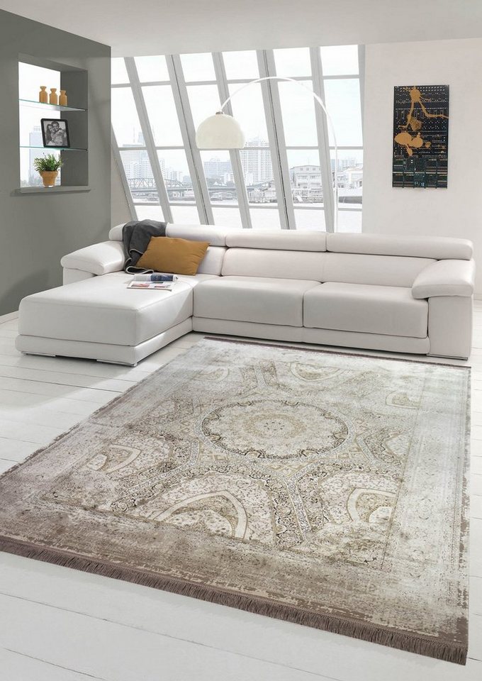 Wollteppich Wollteppich hochwertiger Teppich mit floralem Design aus Naturfasern in beige, Teppich-Traum, rechteckig, Höhe: 7 mm, Wollteppich von Teppich-Traum
