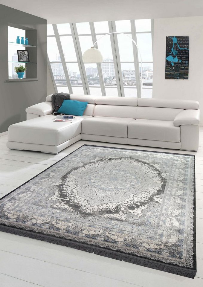 Wollteppich Wollteppich hochwertiger Teppich mit klassischen Ornamenten aus Naturfasern in grau, Teppich-Traum, rechteckig, Höhe: 7 mm, Wollteppich von Teppich-Traum