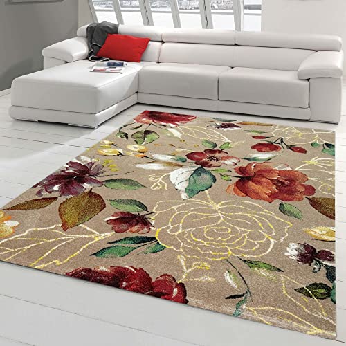 Teppich-Traum moderner Wohnzimmerteppich mit bunten Blumen | pflegeleicht | Taupe, Größe 140x200 cm von Teppich-Traum