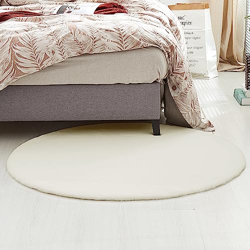 Teppich Wölkchen Fell Rund, Fellteppich Rund, Kunstfell Teppich Waschbar, Hasenfell, Kaninchenfell | Flauschiger Teppich Wohnzimmer, Bettvorleger Schlafzimmer | Beige - Rund 200cm von Teppich Wölkchen