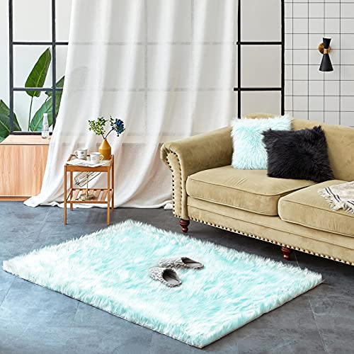 Teppich Wölkchen Schaffell Lammfell Imitat Fellteppich Kunstfell Teppich Waschbar - Flauschiger Teppich Wohnzimmer, Bettvorleger Schlafzimmer, Teppich Fell - Mint Grün - 120x170 cm von Teppich Wölkchen