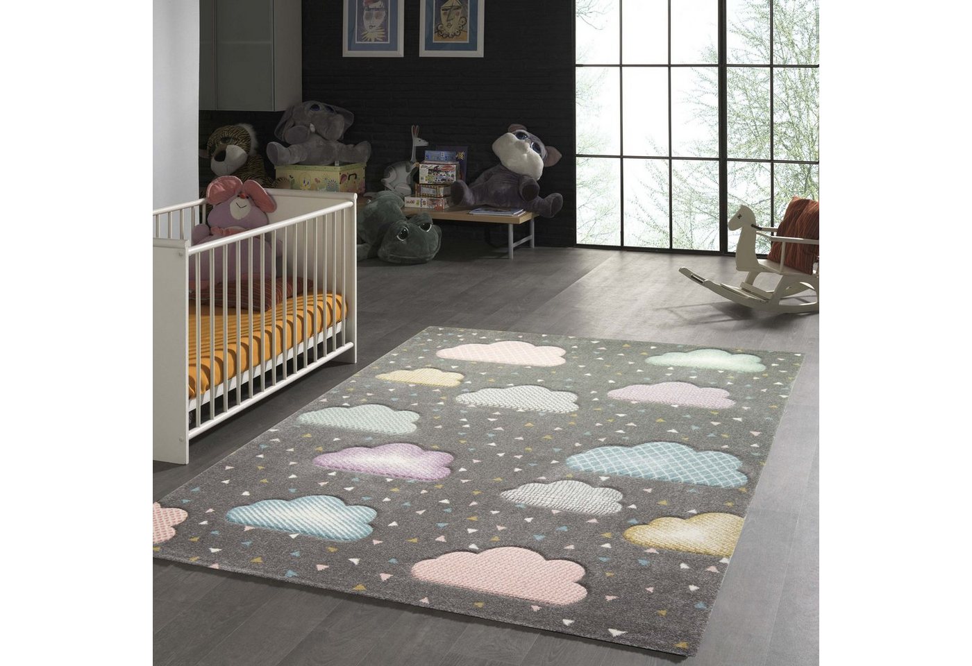 Kinderteppich Kinderteppich in grau blau rosa, TeppichHome24, rechteckig, Höhe: 1.3 mm von TeppichHome24