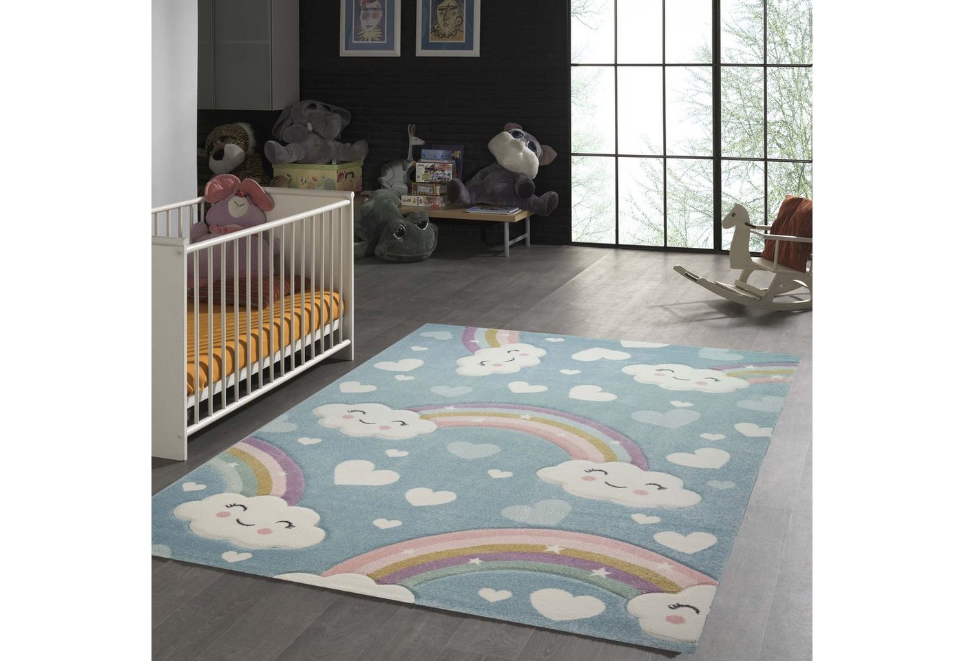 Kinderteppich Kinderteppich mit Wolken Regenbogen und Herzen in blau, TeppichHome24, rechteckig, Höhe: 1.3 mm von TeppichHome24