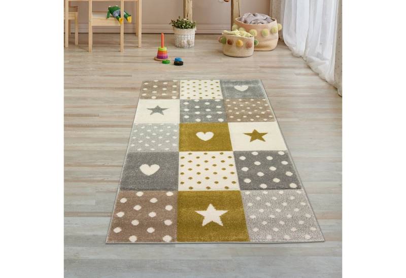 TeppichHome24 Kinderteppich Kinderzimmer Spiel Teppich Herz Stern Punkte Design gold creme wei, rechteckig, Höhe: 13 mm von TeppichHome24