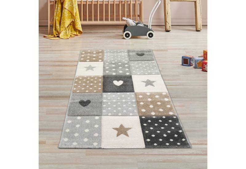 TeppichHome24 Kinderteppich Kinderzimmer Teppich Herz Stern braun beige grau, rechteckig, Höhe: 13 mm von TeppichHome24