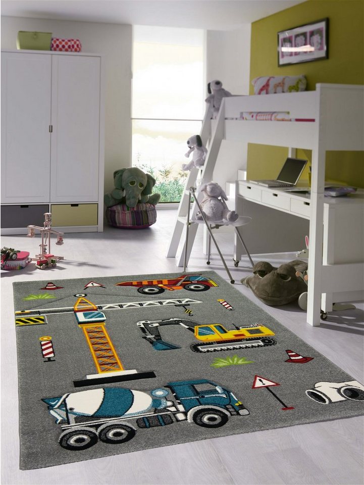 Kinderteppich Kinderteppich Baustelle mit Bagger in grau, TeppichHome24, rechteckig, Höhe: 1.3 mm von TeppichHome24