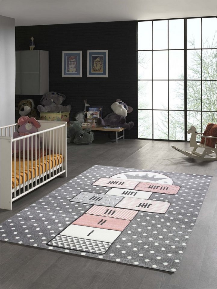 Kinderteppich Kinderteppich Hüpfkästchen in Grau Rosa Creme, TeppichHome24, rechteckig, Höhe: 1.3 mm von TeppichHome24