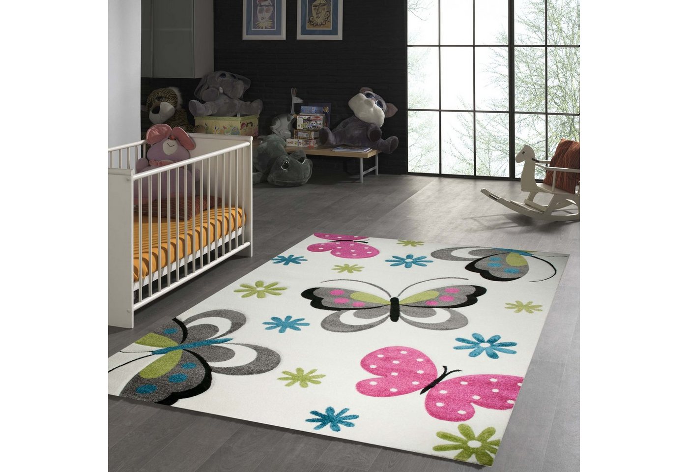 Kinderteppich Kinderteppich Schmetterling Design Creme Pink Grau Grün Blau, TeppichHome24, rechteckig, Höhe: 13 mm von TeppichHome24