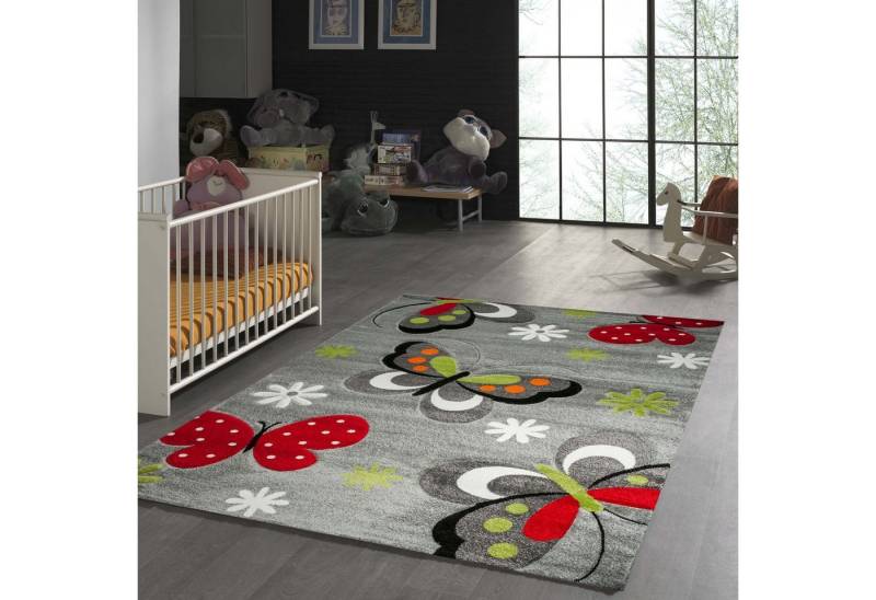TeppichHome24 Kinderteppich Kinderteppich Schmetterling Design Grau Rot Grün Schwarz Weiss, rechteckig, Höhe: 13 mm von TeppichHome24