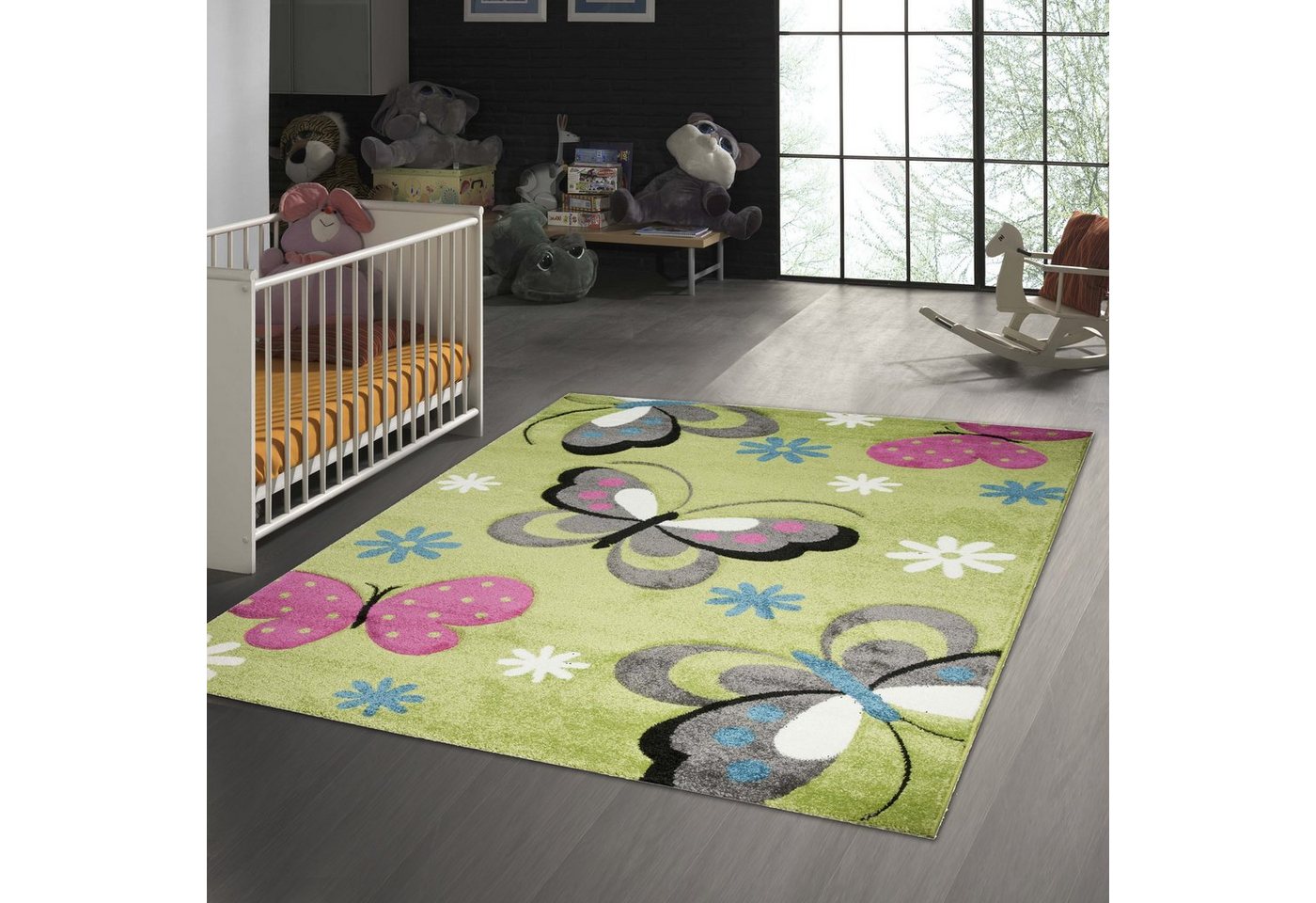 TeppichHome24 Kinderteppich Kinderteppich Schmetterling Design Grün Pink Grau Türkis Weiss, rechteckig, Höhe: 13 mm TeppichHome24 Kinderteppich Kinderteppich Schmetterling Design Grün Pink Grau Türkis Weiss, rechteckig, Höhe: 13 mm von TeppichHome24