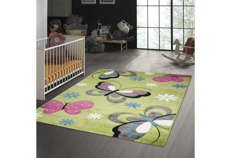 TeppichHome24 Kinderteppich Kinderteppich Schmetterling Design Grün Pink Grau Türkis Weiss, rechteckig, Höhe: 13 mm TeppichHome24 Kinderteppich Kinderteppich Schmetterling Design Grün Pink Grau Türkis Weiss, rechteckig, Höhe: 13 mm von TeppichHome24