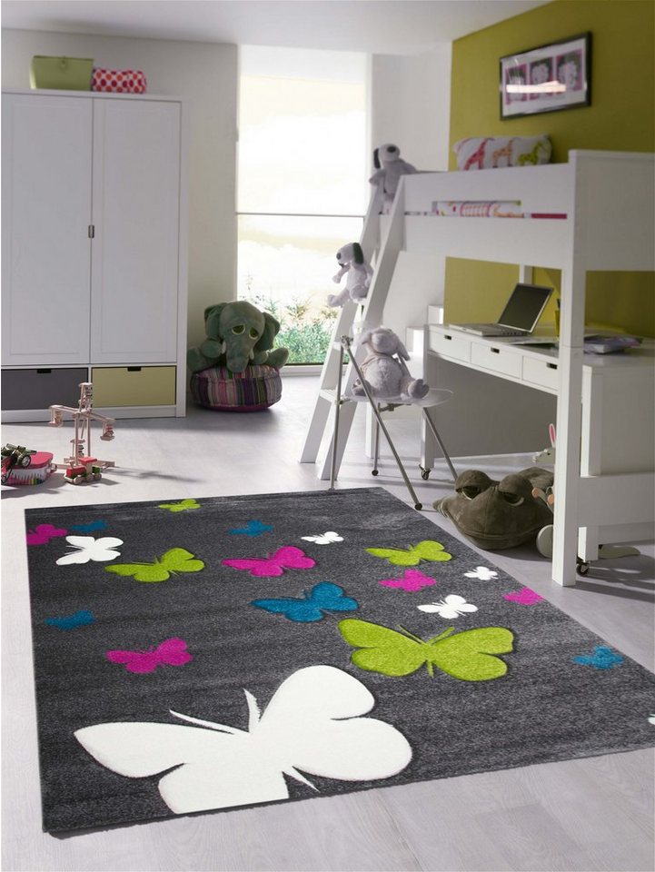 TeppichHome24 Kinderteppich Kinderteppich Schmetterlinge in Grau Pink Türkis Grün, rechteckig, Höhe: 13 mm TeppichHome24 Kinderteppich Kinderteppich Schmetterlinge in Grau Pink Türkis Grün, rechteckig, Höhe: 13 mm von TeppichHome24