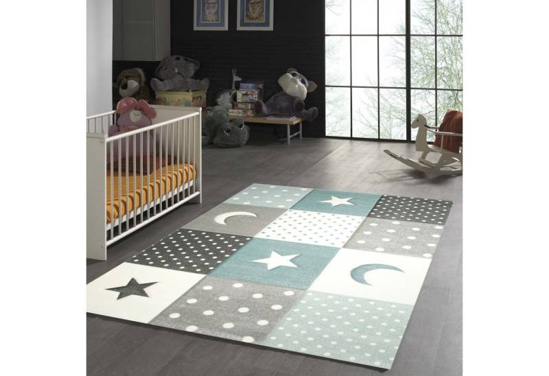 TeppichHome24 Kinderteppich Kinderteppich Stern Mond in Weiss Grau Blau, rechteckig von TeppichHome24