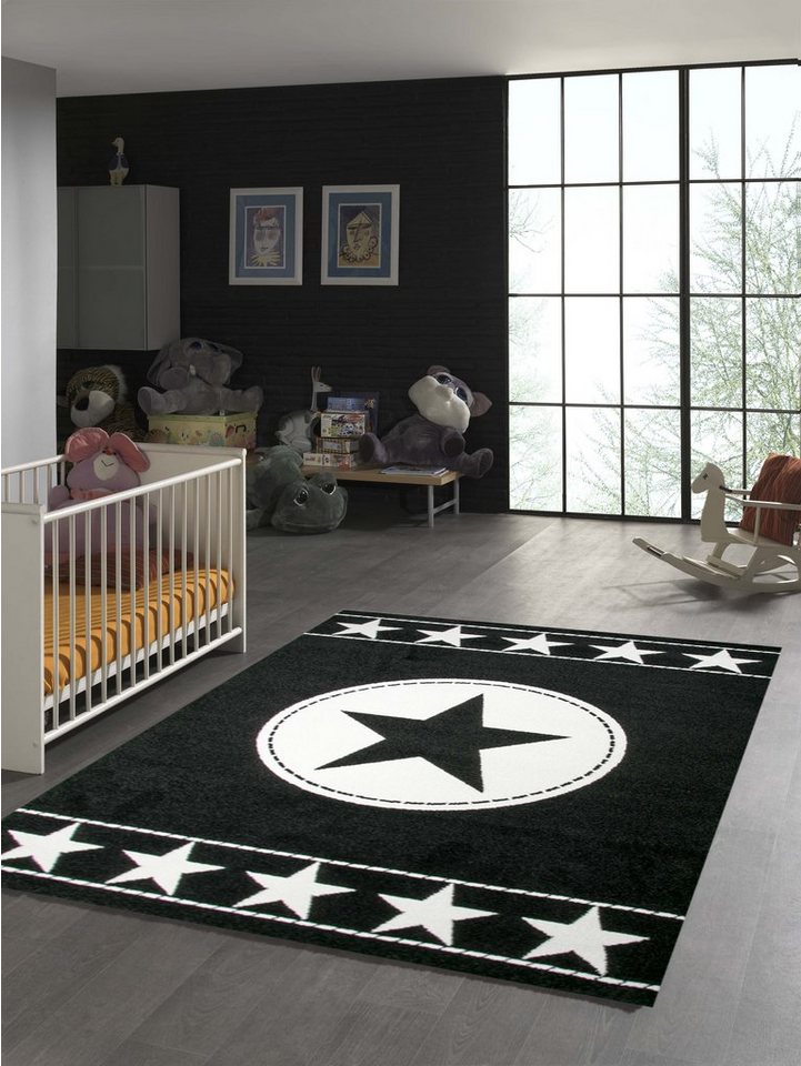 Kinderteppich Kinderteppich Sterne Schwarz Creme, TeppichHome24, rechteckig, Höhe: 0.9 mm von TeppichHome24