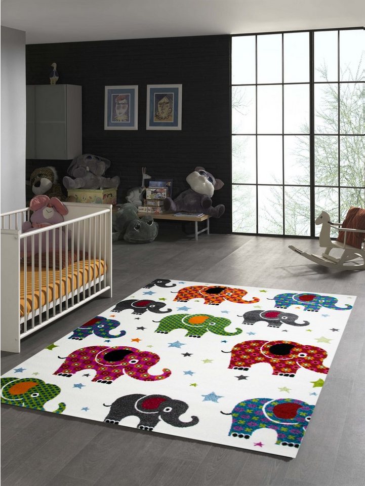 TeppichHome24 Kinderteppich Kinderteppich bunte Elefanten Multicolour, rechteckig, Höhe: 1.1 mm von TeppichHome24