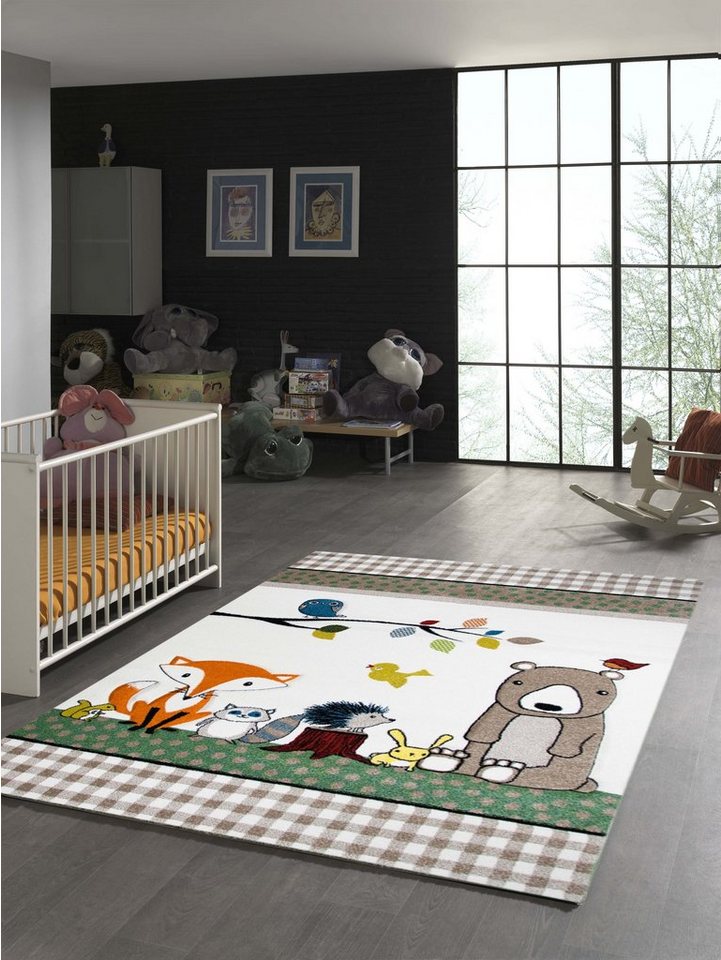 Kinderteppich Kinderteppich bunte Tiere mit Bär Fuchs Hase Igel Eule Vögel, TeppichHome24, rechteckig, Höhe: 1.3 mm von TeppichHome24