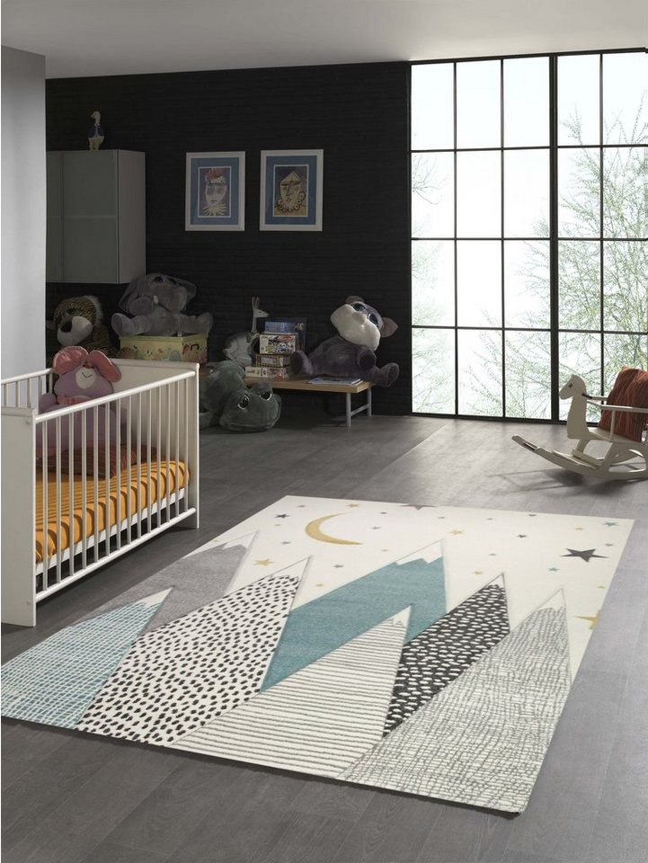 TeppichHome24 Kinderteppich Kinderteppich mit Bergen in Pastel Blau Grau, rechteckig, Höhe: 1.3 mm von TeppichHome24
