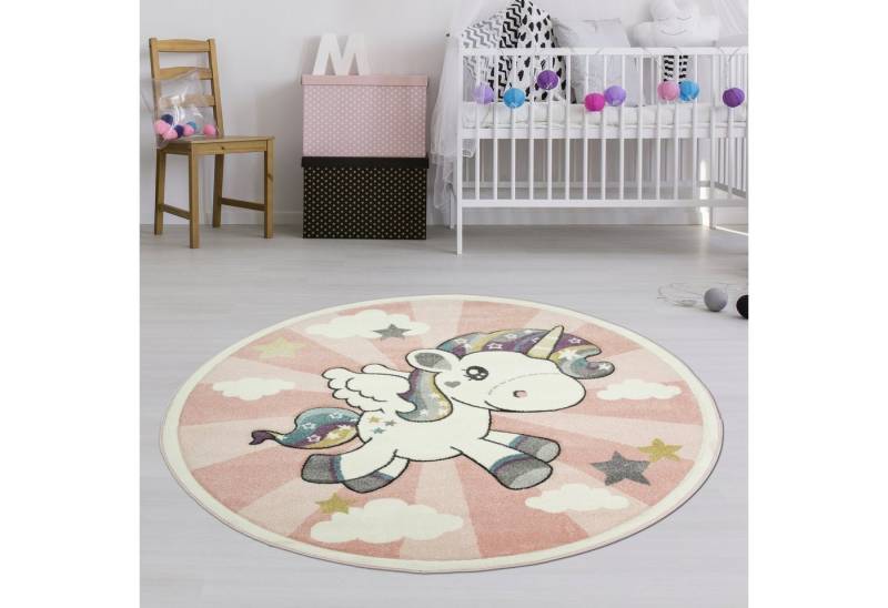 Kinderteppich Kinderteppich mit Einhorn Regenbogen in Rosa Creme, TeppichHome24, rechteckig, Höhe: 1.3 mm von TeppichHome24