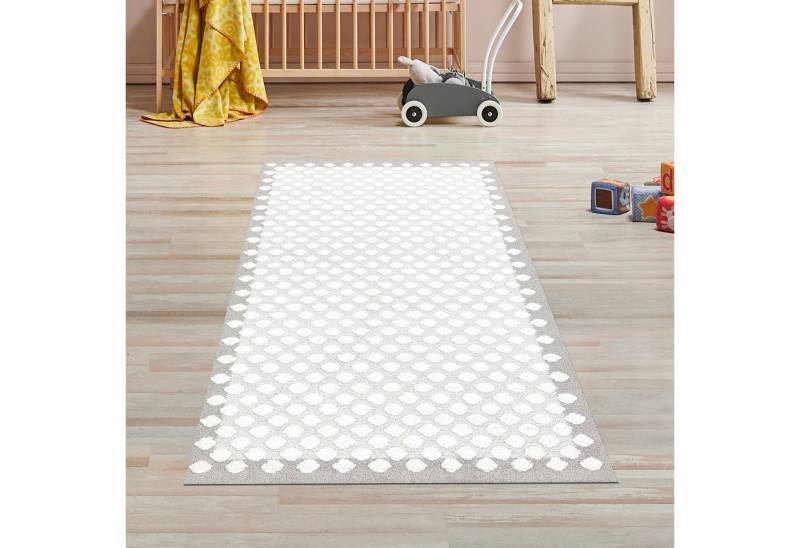TeppichHome24 Kinderteppich Kinderzimmer Babyzimmer Teppich gepunktet weich 3d-effekt grau creme, rechteckig von TeppichHome24
