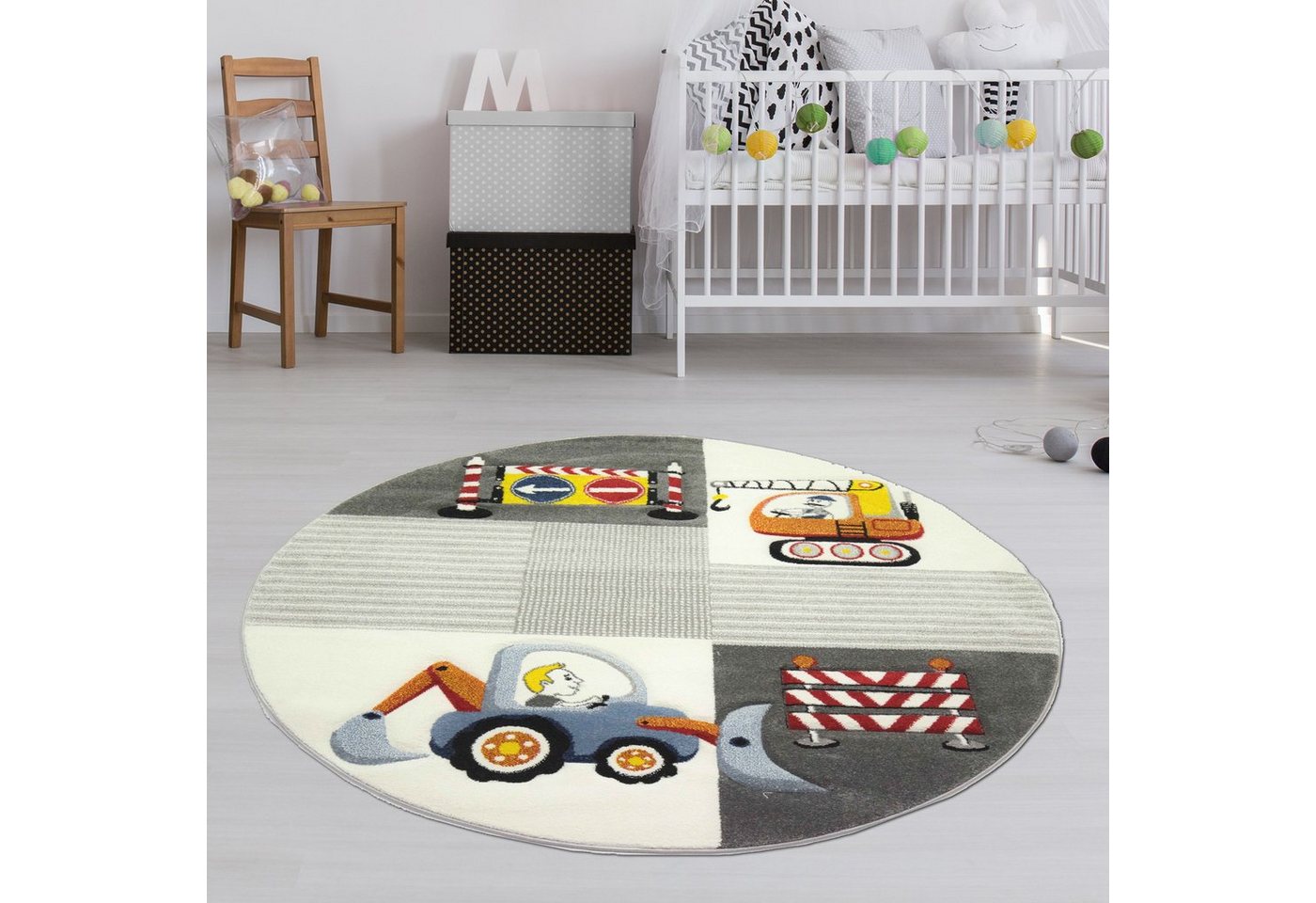 Kinderteppich Kinderzimmer Teppich Baustelle Schwarz Grau Creme, TeppichHome24, rechteckig, Höhe: 13 mm von TeppichHome24