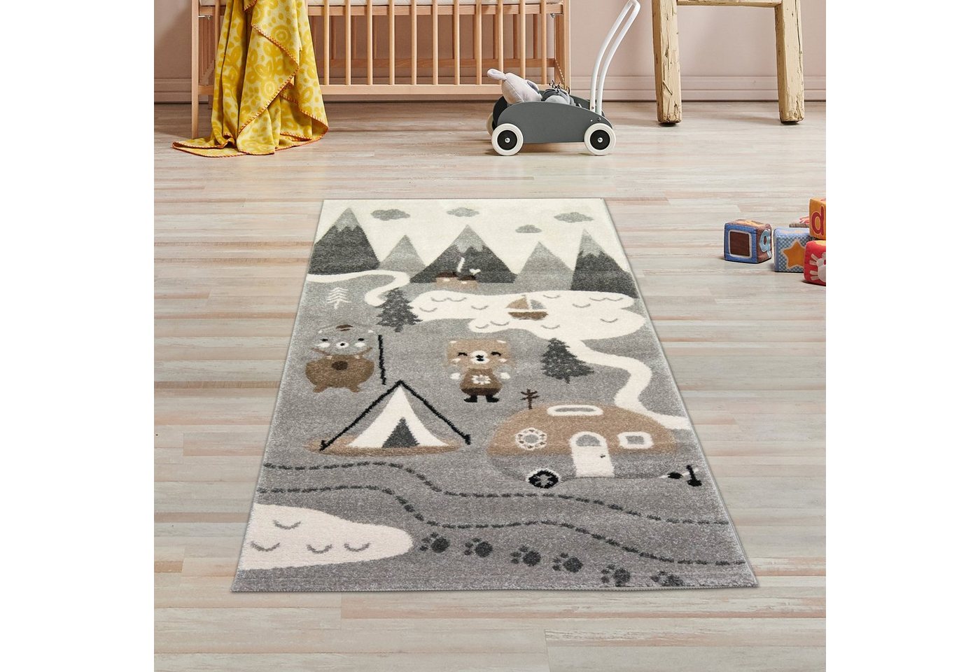 Kinderteppich Kinderzimmer Teppich Camping Bären Grau Creme, TeppichHome24, rechteckig, Höhe: 13 mm von TeppichHome24