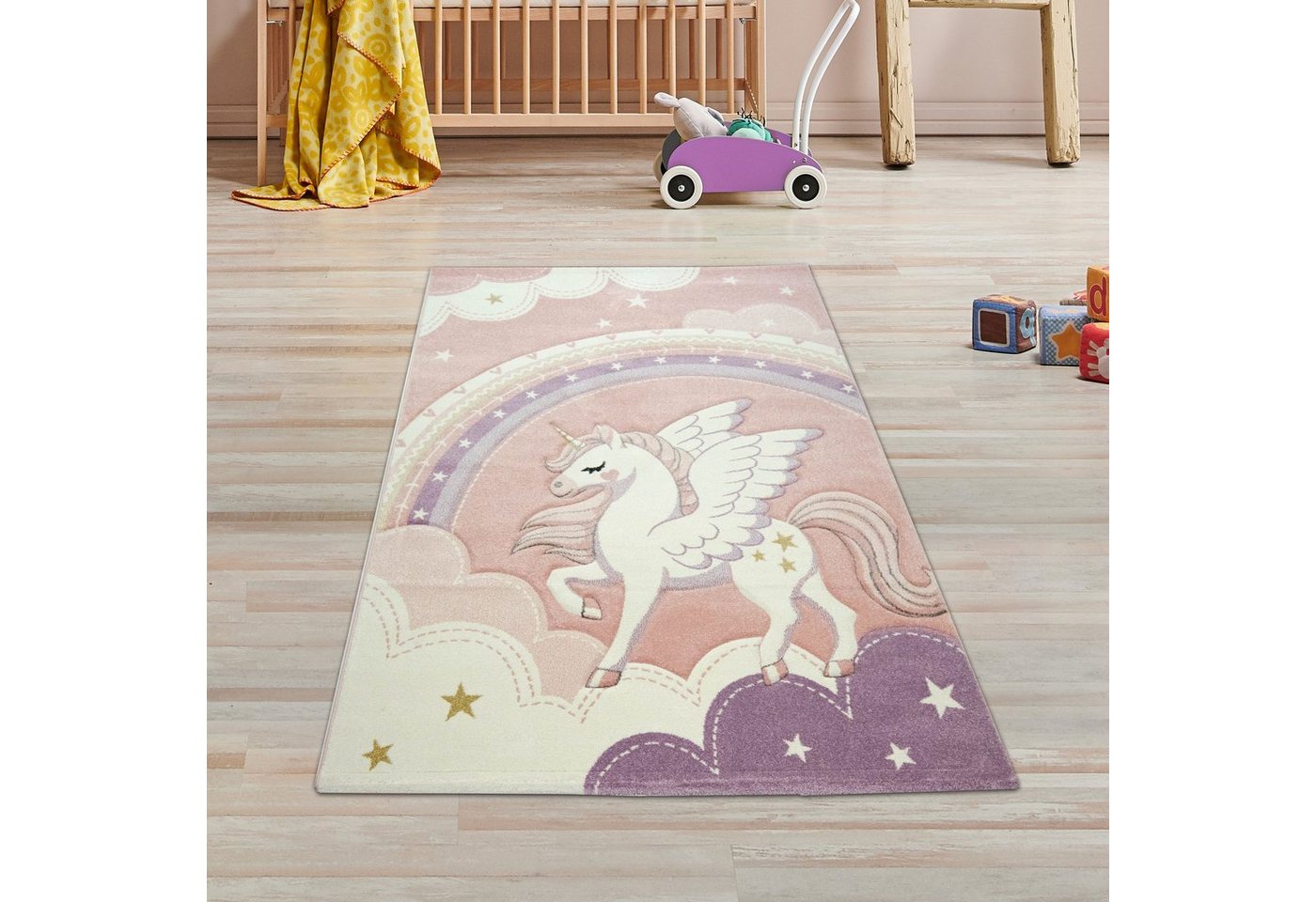 Kinderteppich Kinderzimmer Teppich Einhorn Regenbogen creme rosa, TeppichHome24, rechteckig, Höhe: 13 mm von TeppichHome24