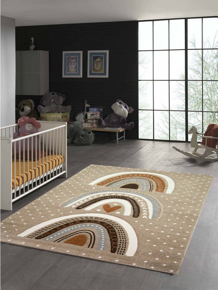 Kinderteppich Kinderzimmer Teppich Herz Regenbogen Creme Beige, TeppichHome24, rechteckig, Höhe: 13 mm von TeppichHome24