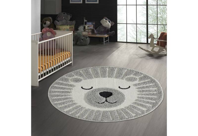 TeppichHome24 Kinderteppich Runder Kinderteppich flauschiger schlafender Bär in grau, rund von TeppichHome24
