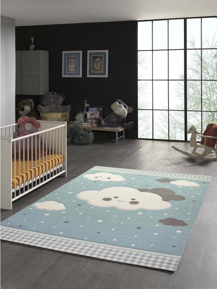 Kinderteppich Teppich für Kinder mit Wolken in Blau, TeppichHome24, rund, Höhe: 10 mm von TeppichHome24