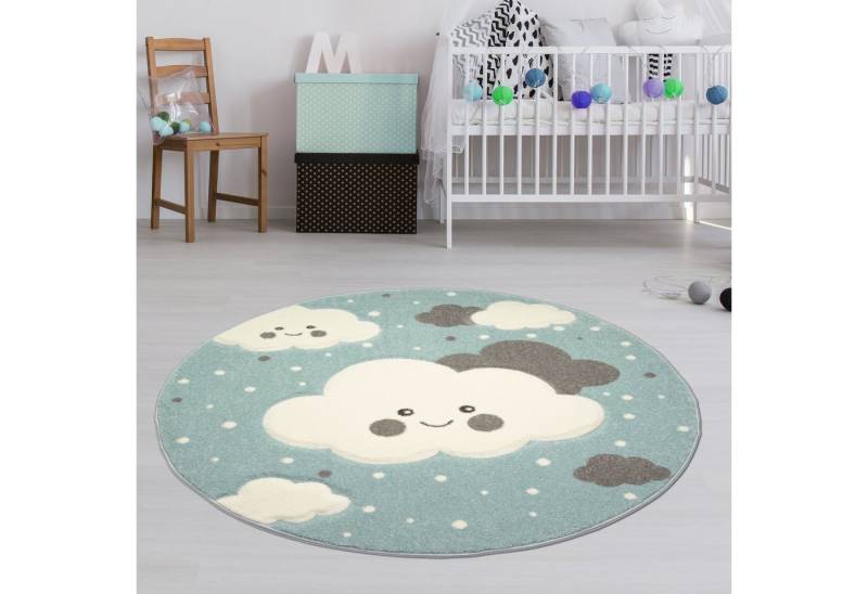 TeppichHome24 Kinderteppich Teppich für Kinder mit Wolken in Blau, rund, Höhe: 10 mm von TeppichHome24