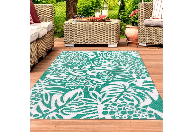 TeppichHome24 Outdoorteppich Outdoor-Teppich mit tropischem hauch in petrol farbe, Rechteckig, Höhe: 5 mm von TeppichHome24