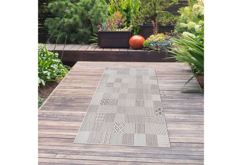 TeppichHome24 Outdoorteppich In-Outdoor-Teppich Wohnzimmer wetterfest Fliesen Optik, creme grau, Rechteckig von TeppichHome24