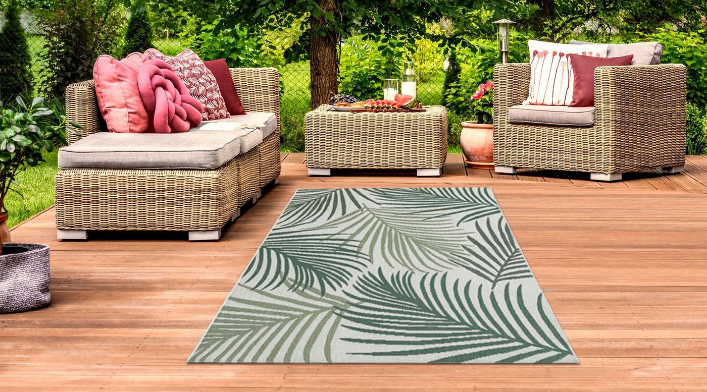 Outdoorteppich In- & Outdoor Teppich Sisal Optik Palmenzweige in grün auf sandfarbe, TeppichHome24, rechteckig, Höhe: 5 mm von TeppichHome24