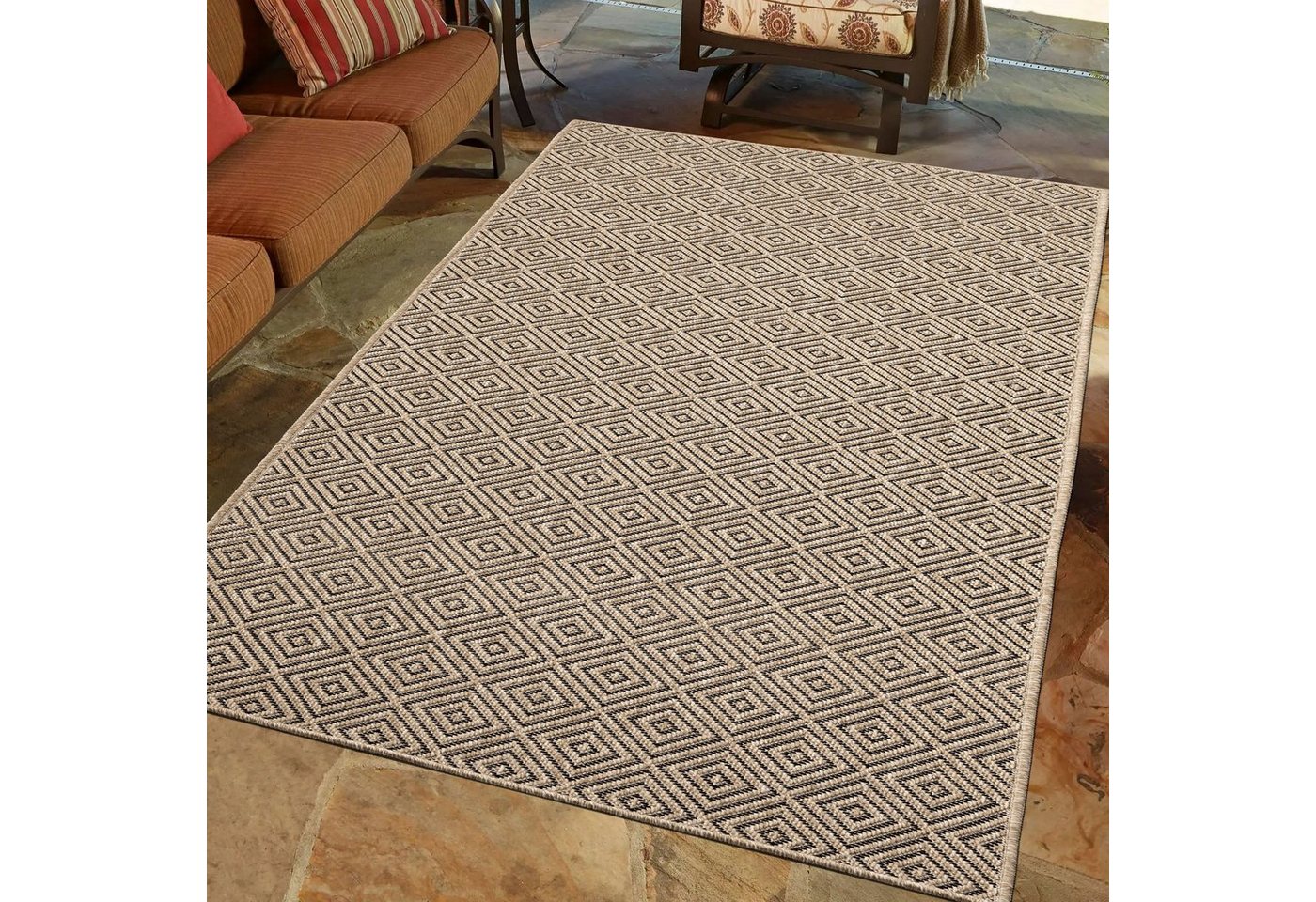 Outdoorteppich In- und Outdoorteppich mit Rautenmuster beige/schwarz, TeppichHome24, Rechteckig von TeppichHome24