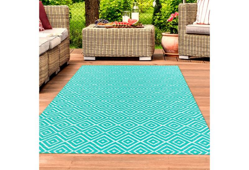 TeppichHome24 Outdoorteppich Kunststoff-Teppich mit Rautenmuster, Outdoorteppich in petrol, Rechteckig, Höhe: 5 mm von TeppichHome24