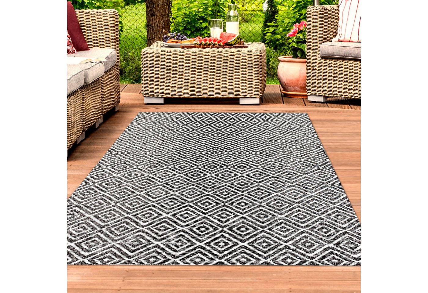 Outdoorteppich Kunststoff-Teppich mit Rautenmuster, Outdoorteppich in schwarz, TeppichHome24, Rechteckig, Höhe: 5 mm von TeppichHome24