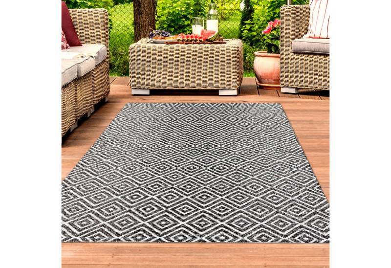 TeppichHome24 Outdoorteppich Kunststoff-Teppich mit Rautenmuster, Outdoorteppich in schwarz, Rechteckig, Höhe: 5 mm von TeppichHome24