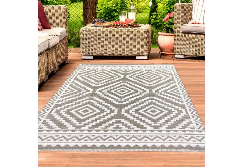 TeppichHome24 Outdoorteppich Outdoor-Teppich mit Azteken-Motiv aus Recycelten Materialien in grau, Rechteckig, Höhe: 5 mm von TeppichHome24